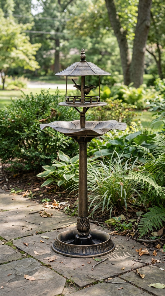Decorative bronze effect bird bath pedestal with pagoda feeder and leaf basin, 44.5 inches tall, garden setting
