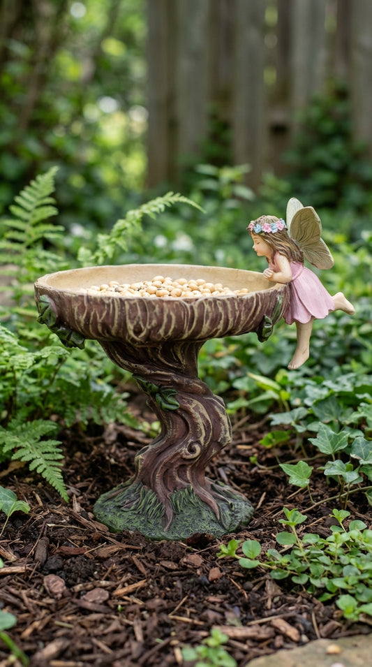 Hand-painted resin fairy garden ornament with butterfly wings seated on woodland bird bath basin, 5 inches tall