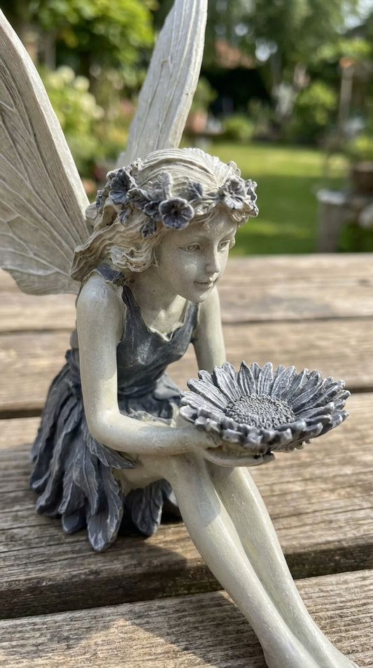 The Waiting Fairy - Sitting Fairy Garden Statue Resin Ornament with Sunflower Bowl