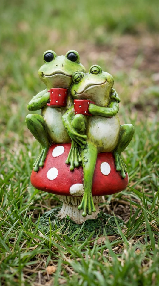 Pip & Puddle - Frog Pair Garden Statue on Toadstool Resin Ornament