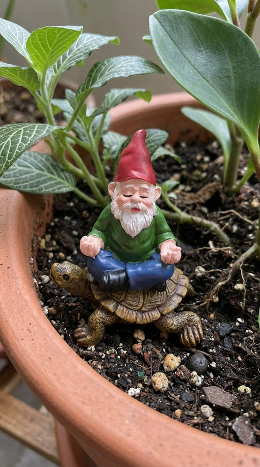 Small resin garden statue of meditating gnome seated cross-legged on turtle, red hat, green jacket, blue trousers, white beard, 3 inches tall, garden setting in potted plant