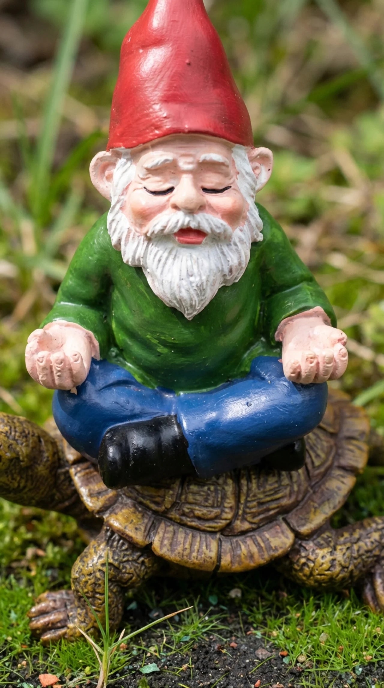 Gnome figurine with a red hat sitting on a turtle