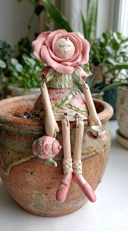 Rosa and the Teapot - Rose Fairy Garden Ornament Resin Shelf Sitter with Teapot