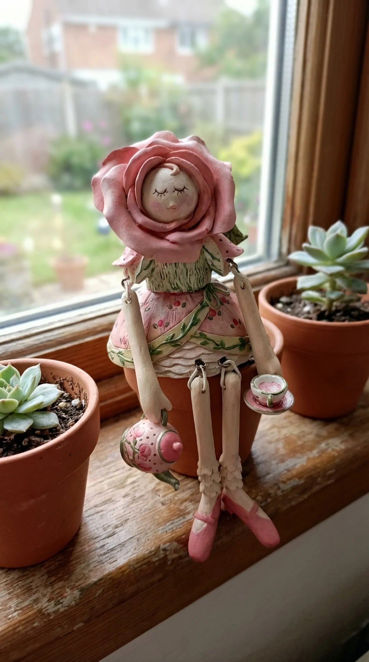 Rosa and the Teapot - Rose Fairy Garden Ornament Resin Shelf Sitter with Teapot