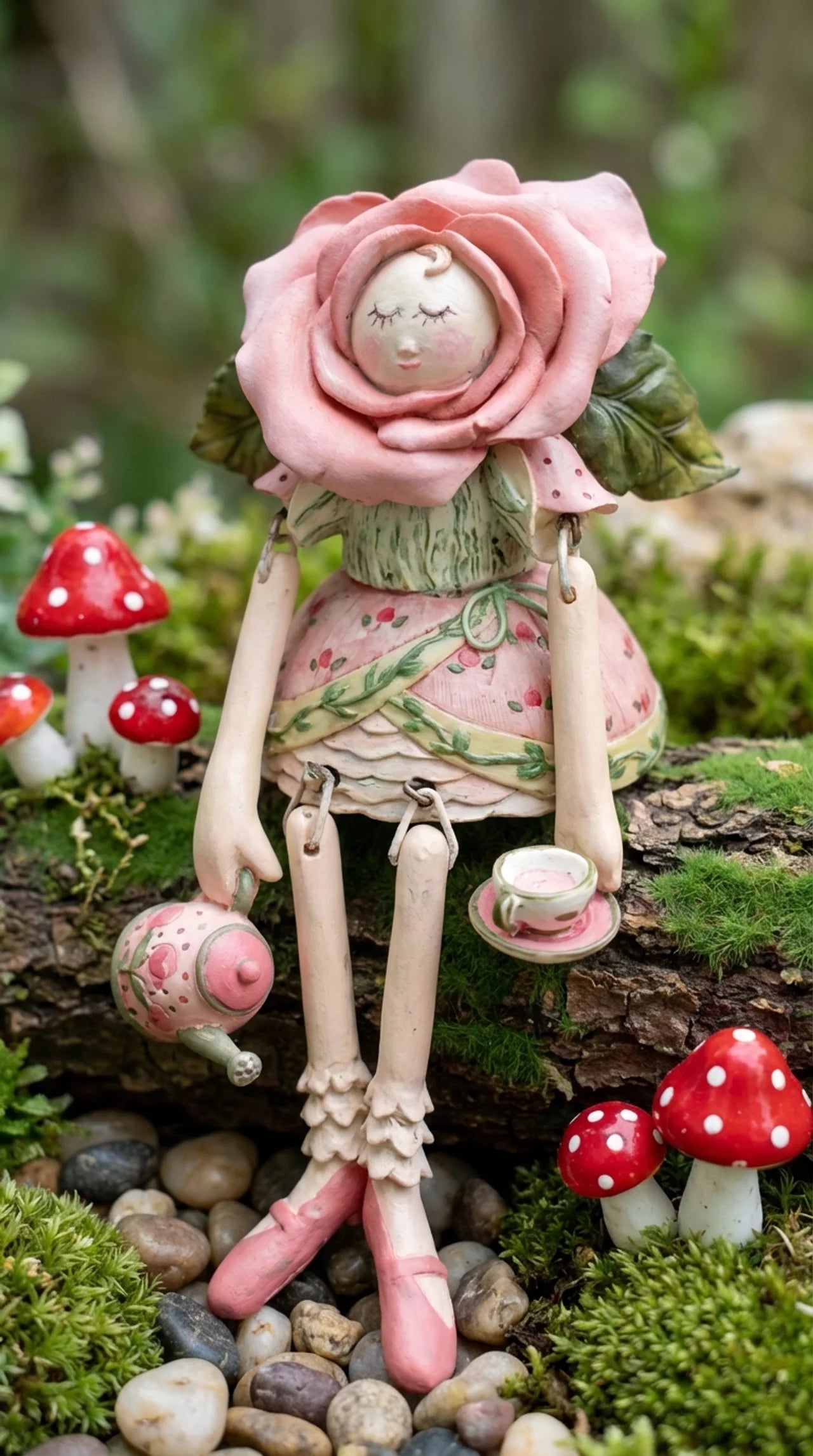 Rosa and the Teapot - Rose Fairy Garden Ornament Resin Shelf Sitter with Teapot