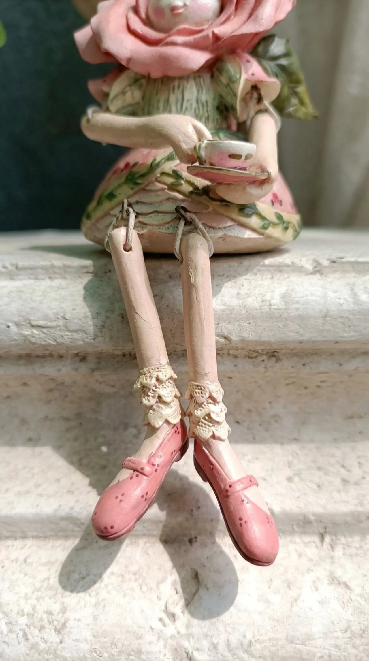 Rosa and the Teapot - Rose Fairy Garden Ornament Resin Shelf Sitter with Teapot