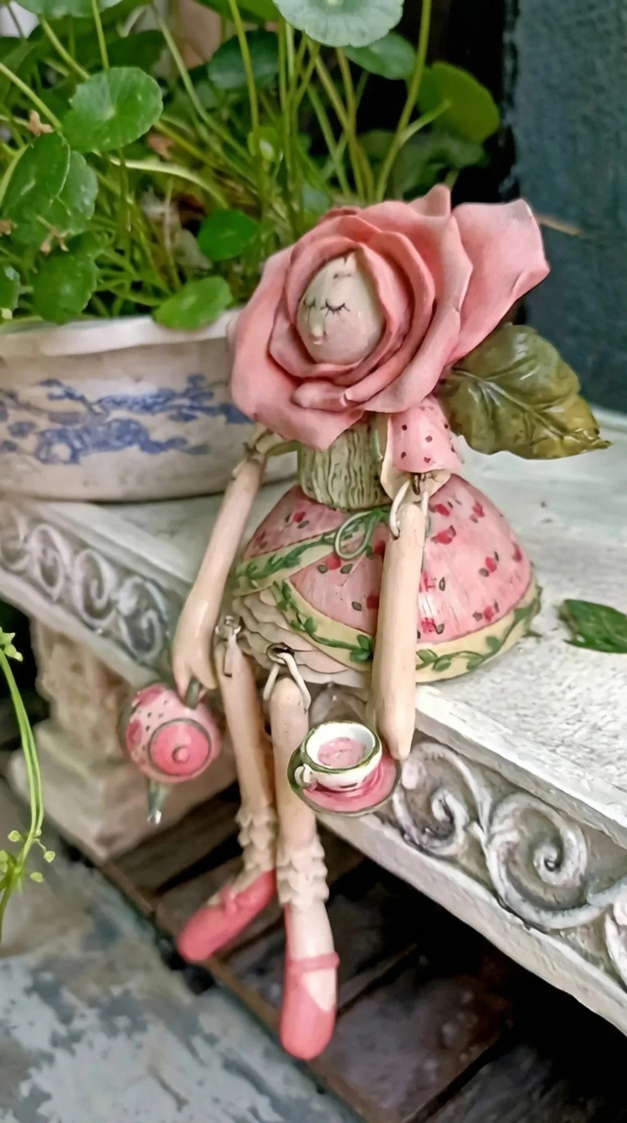 Rosa and the Teapot - Rose Fairy Garden Ornament Resin Shelf Sitter with Teapot