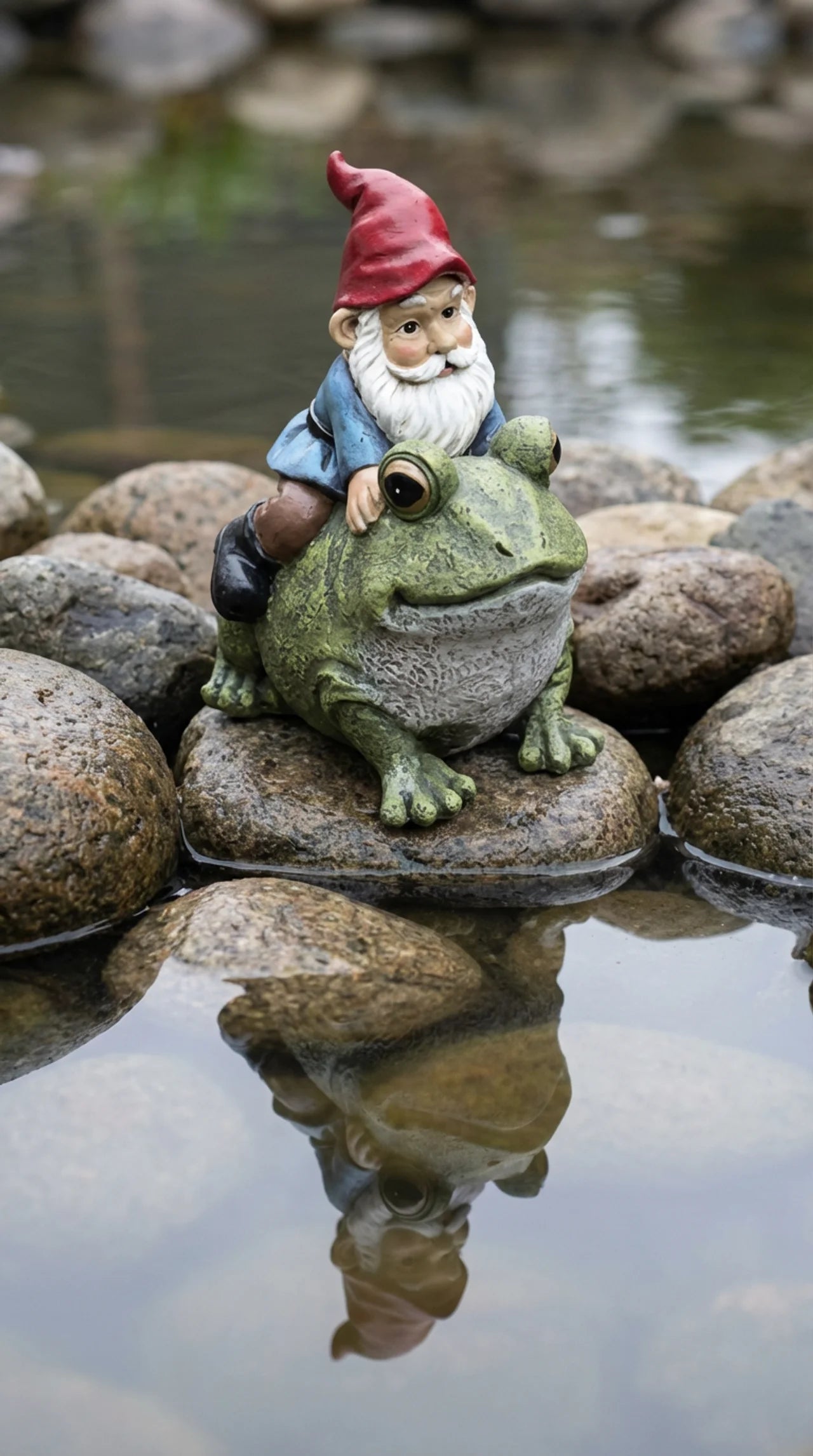 Gnome on frog resin statue placed beside garden pond or border path, full figure visible, natural daylight, green and red finish shown in context