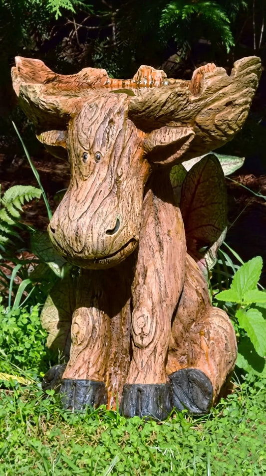 Hand-painted resin moose garden statue with broad antler bird feeder basin, wood-effect finish, approximately 7 inches tall