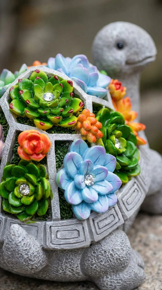 Hand-painted resin solar tortoise garden statue with colourful succulent shell and 7 LED lights, 11.5 inches wide