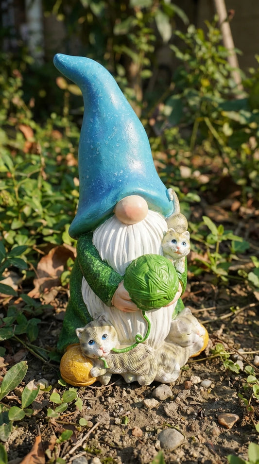 Solar gnome garden statue in blue hat and green jacket holding green yarn ball, three cats arranged around him, 9.8 inches tall, garden border setting.