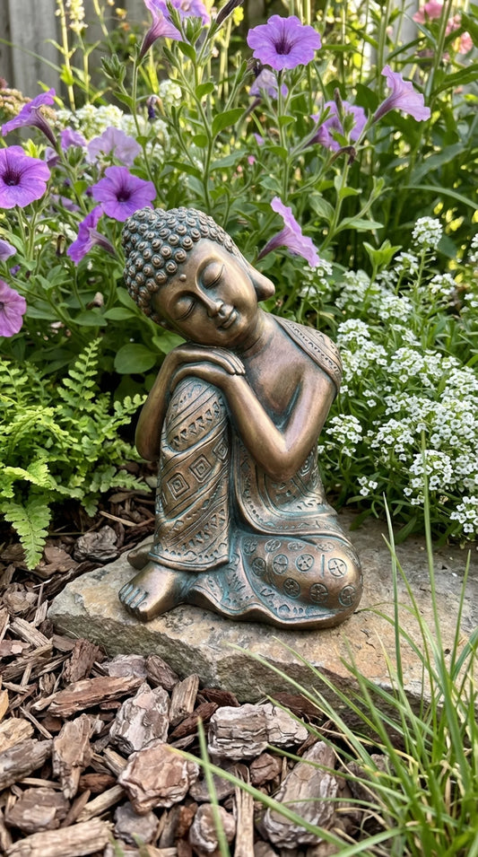 Bronze Buddha statue in a garden setting with flowers and plants.