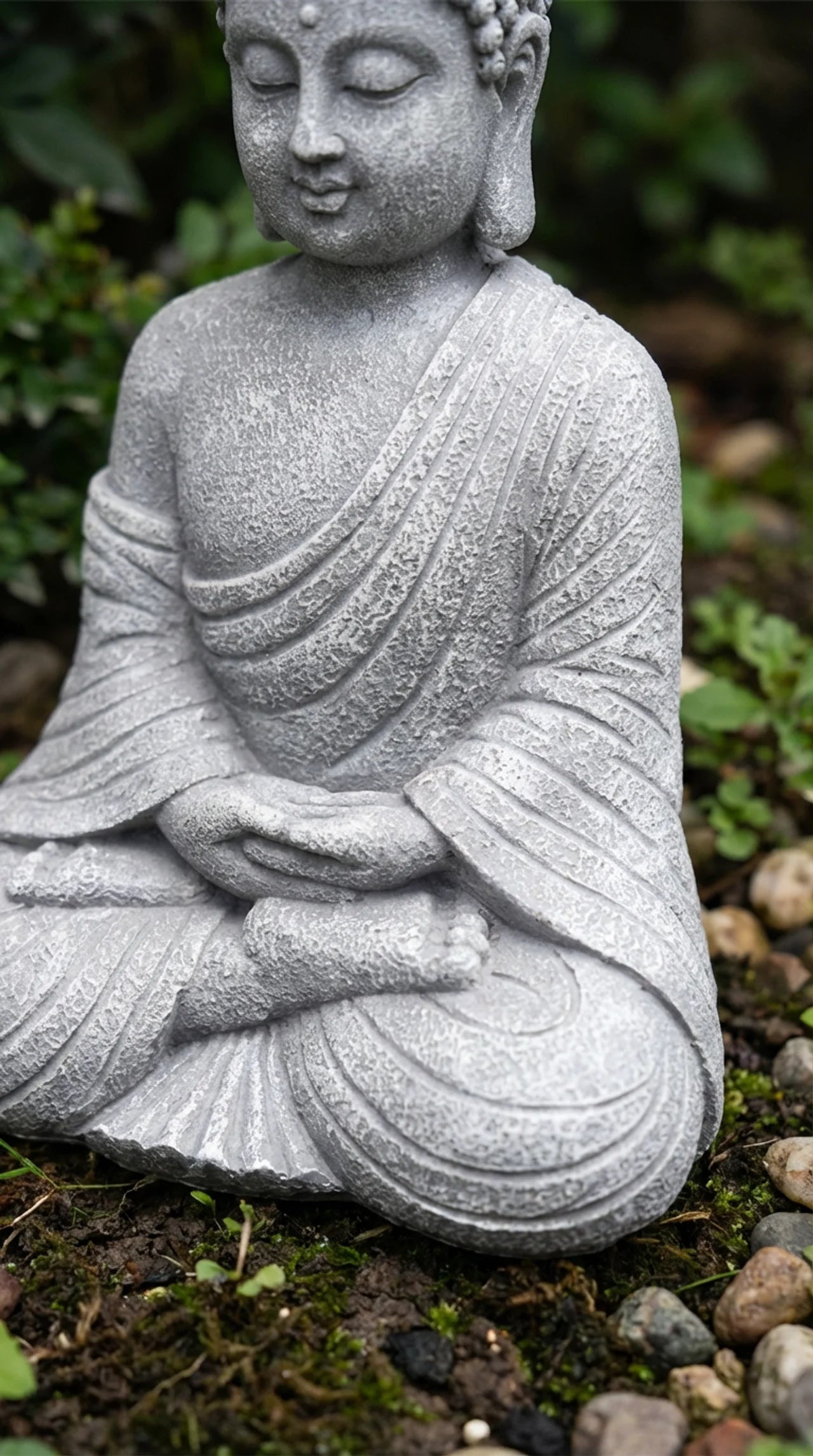 Stone statue of a meditating Buddha in a natural setting with greenery.