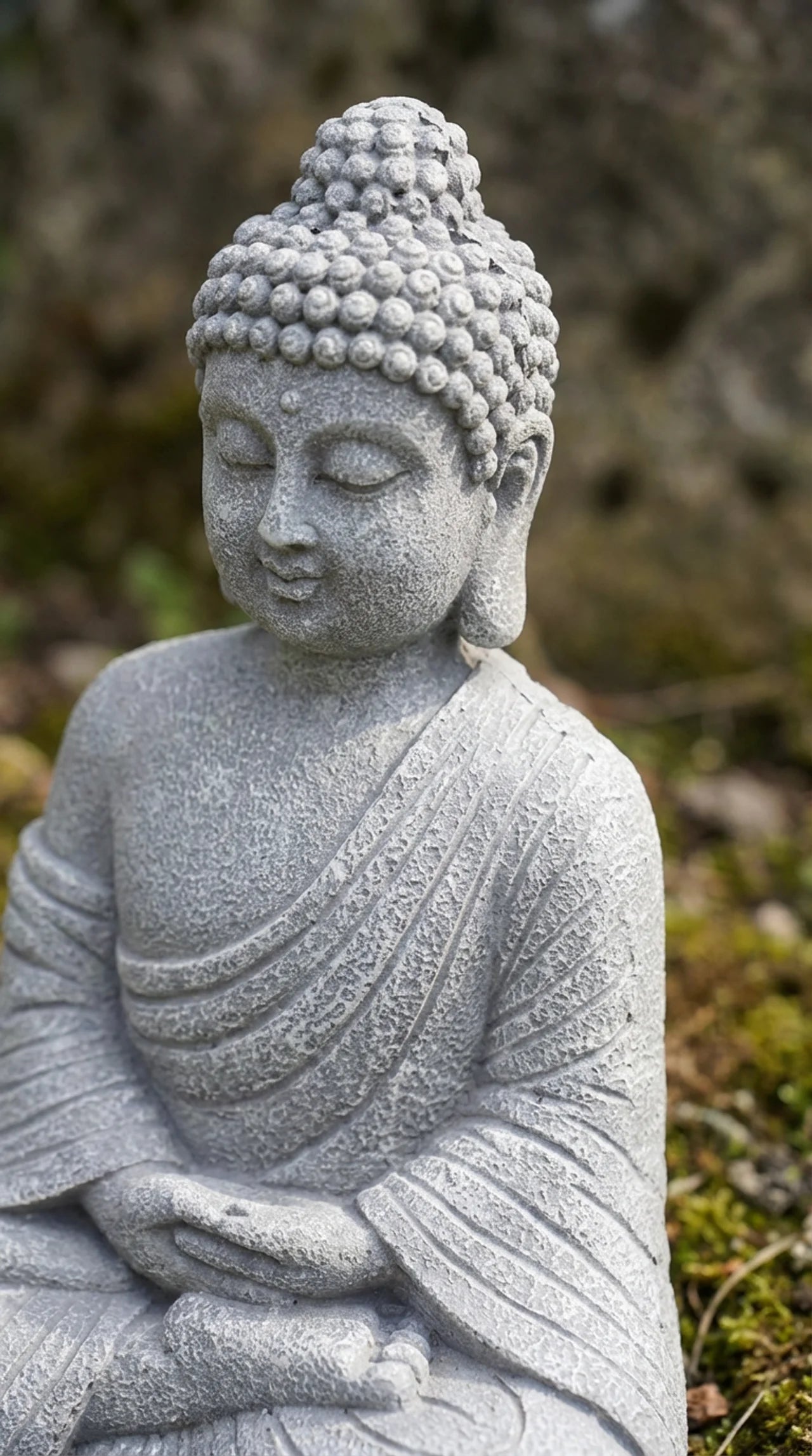 Stone Buddha statue in a natural setting with blurred background
