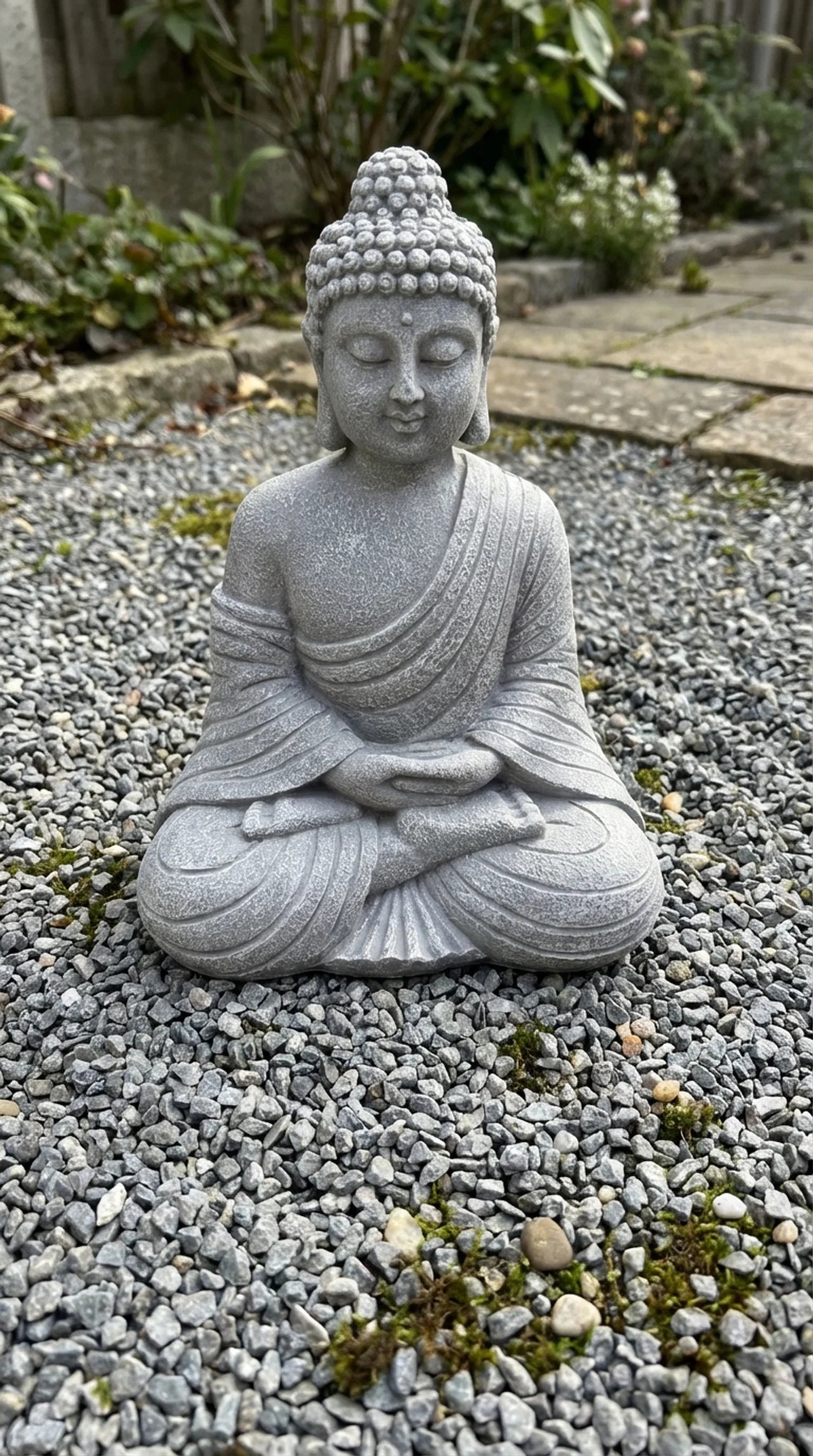 Stone Buddha statue on a pebble garden path