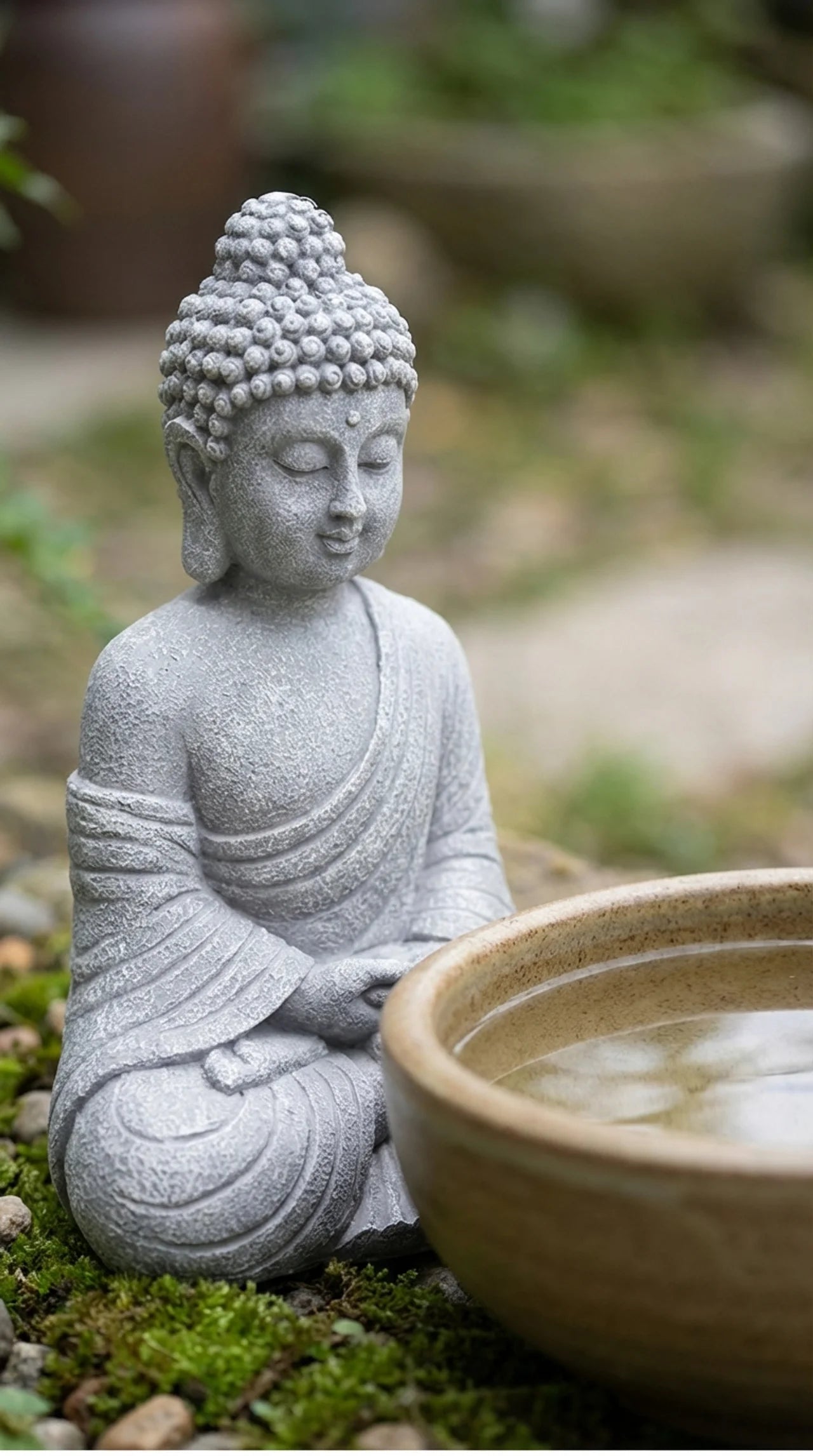 Stone Buddha statue next to a ceramic bowl in a natural setting
