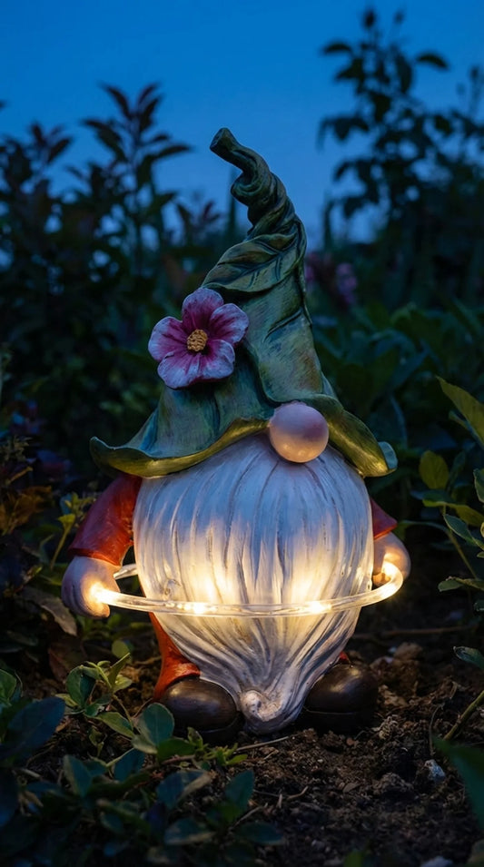 Hand-painted solar gnome garden statue with glowing white beard and twisted green leaf hat, 10.6 inches tall