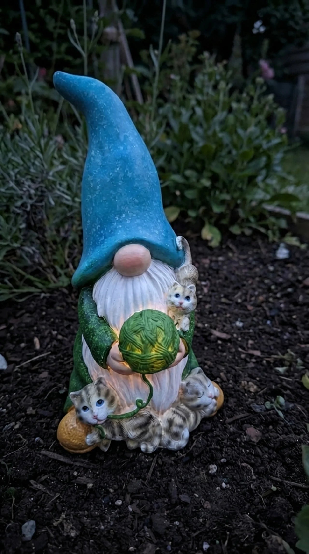 Gnome figurine with a blue hat and green outfit standing on soil with plants in the background