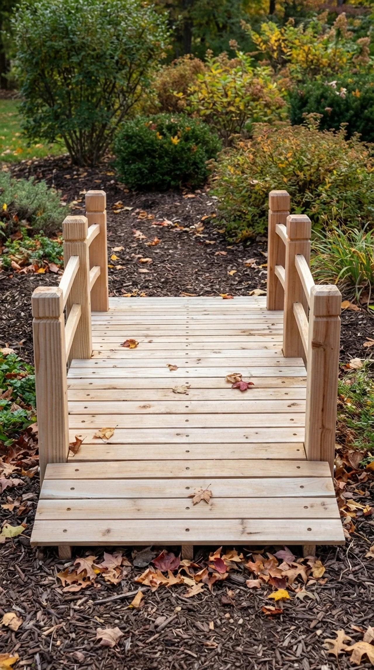 ft fir wood garden bridge with squared post railings set along an autumn garden path, fallen leaves on deck, natural wood finish
