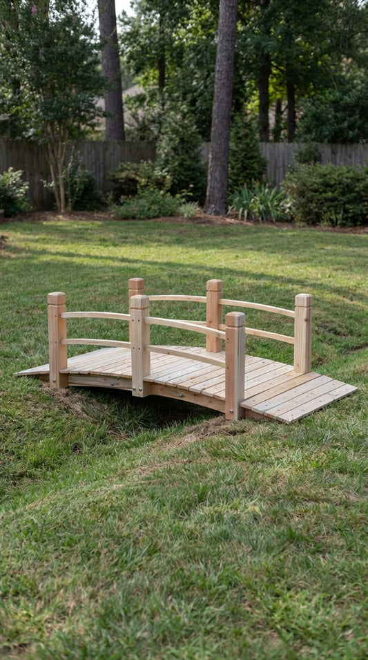 Fir wood garden bridge with curved railings and arched deck, 5ft long, natural wood finish, garden setting