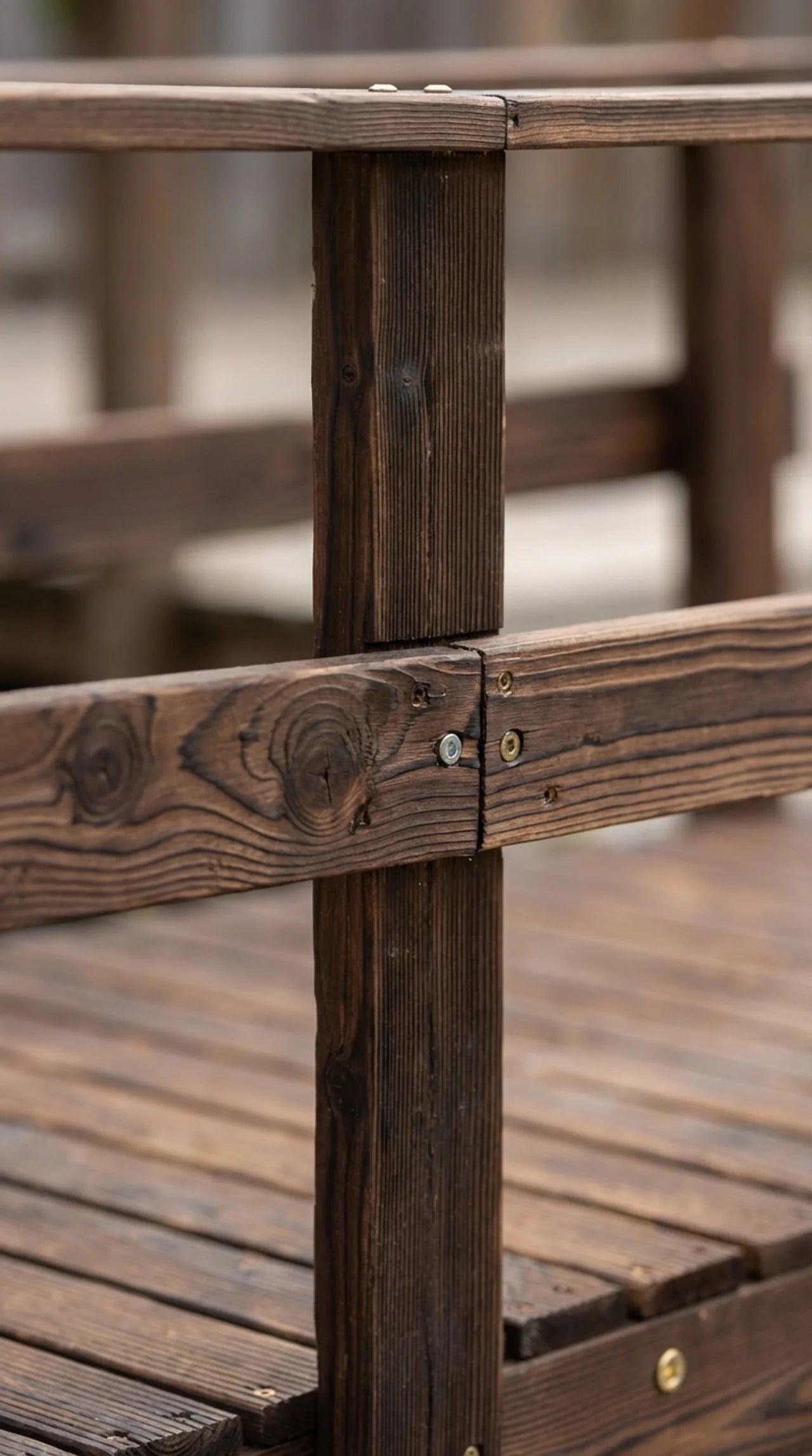 Close-up of double handrail detail on wooden garden footbridge