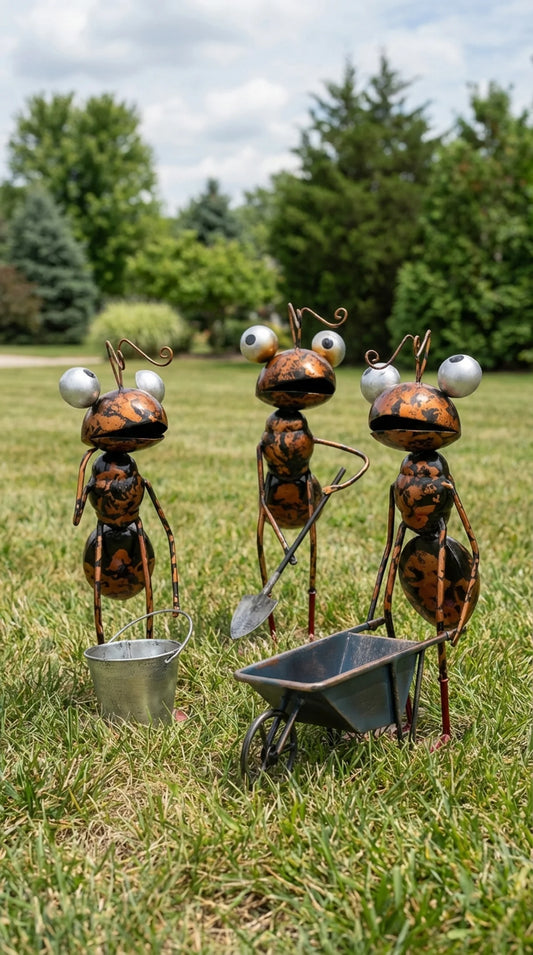 Set of three hand-worked iron ant garden sculptures with shovel, bucket and wheelbarrow, distressed amber finish, 13 inches tall each