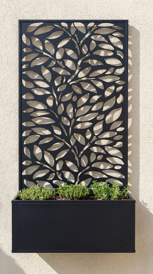 Metal leaf screen garden planter freestanding on patio, black powder coated finish, Form and Foliage collection.