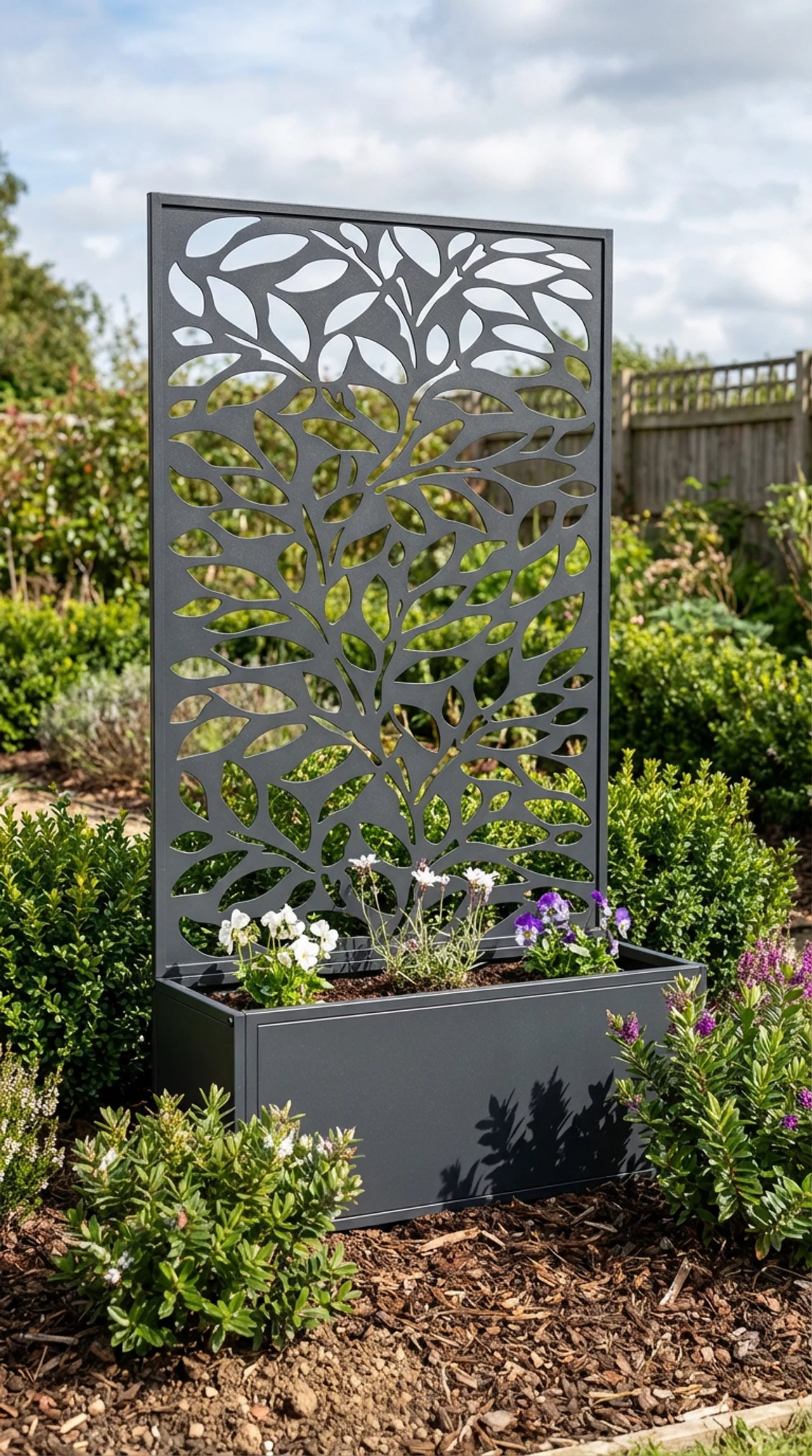 Metal leaf screen garden planter freestanding in garden, black powder coated finish, Form and Foliage collection


