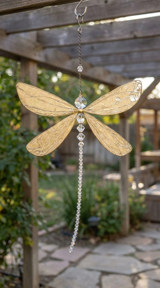 Zinc alloy electroplated dragonfly crystal suncatcher with faceted pendant, approximately 6 inches, hanging ornament