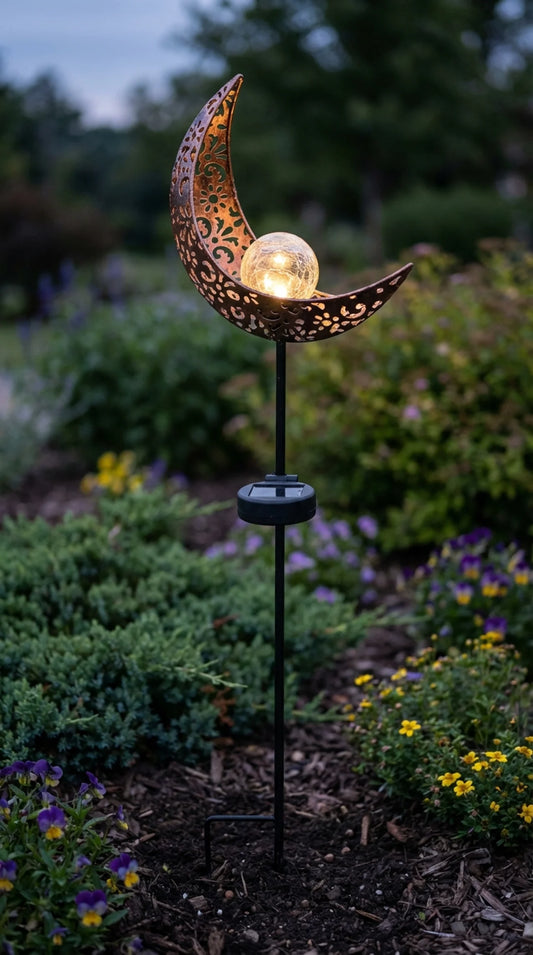 Filigree cut iron crescent moon solar garden stake light with crackle glass globe, 30.7 inches tall, dusk garden setting