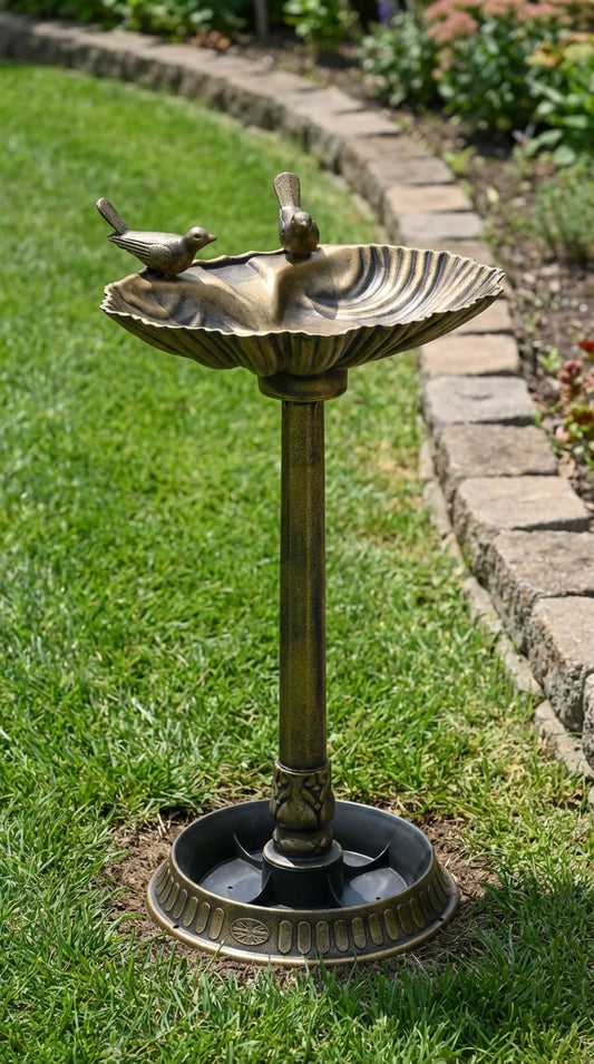 Antique bronze effect bird bath with feeder and planter pedestal, 32 inches tall, garden setting