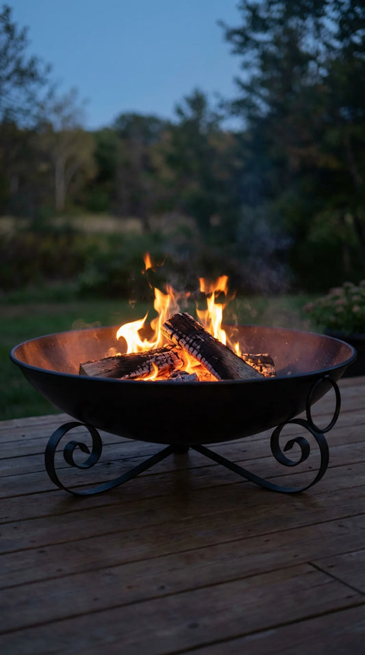 Heavy-duty metal fire pit bowl on scrolled iron stand with wood burning fire lit, 24 inches wide, garden setting