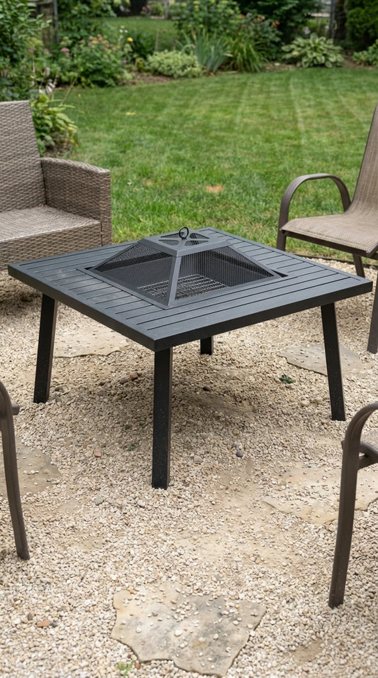 Square powder-coated steel fire pit table with mesh spark screen and wood burning fire, 33.75 inches wide, patio setting