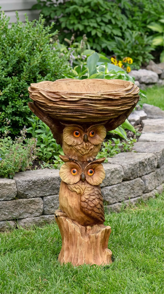Wooden owl sculpture with a bowl on its head in a garden setting