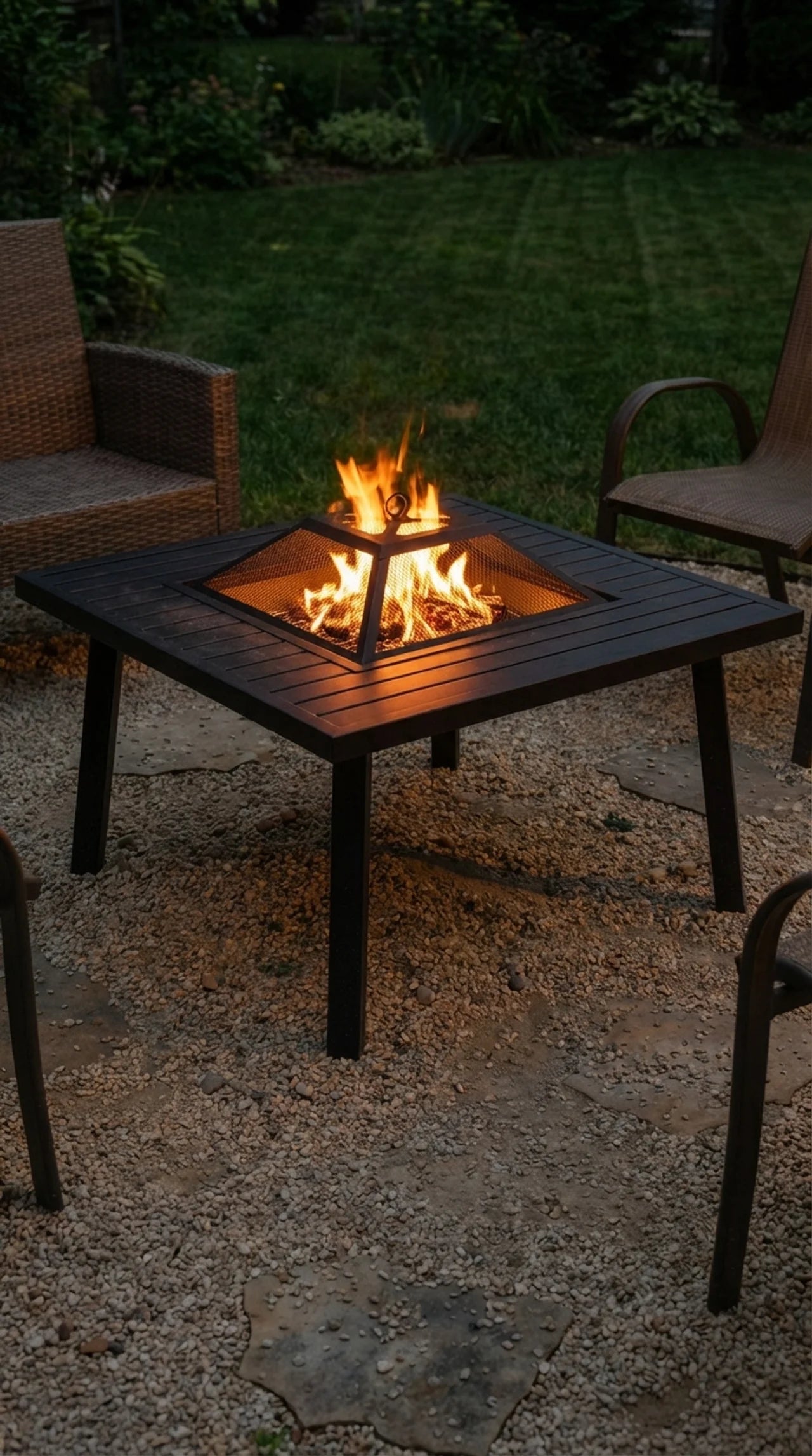 The Hearthfield square fire pit table lit with wood fire at dusk, surrounded by garden chairs on stone patio