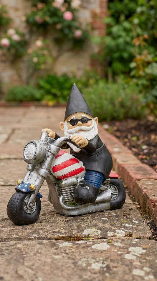 Digby of the Open Road - Solar Biker Gnome Garden Statue