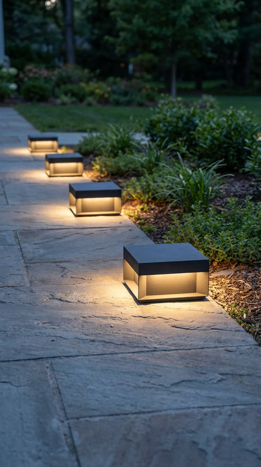 Dark grey solar garden path cube lights glowing warm white along stone paved garden path at dusk