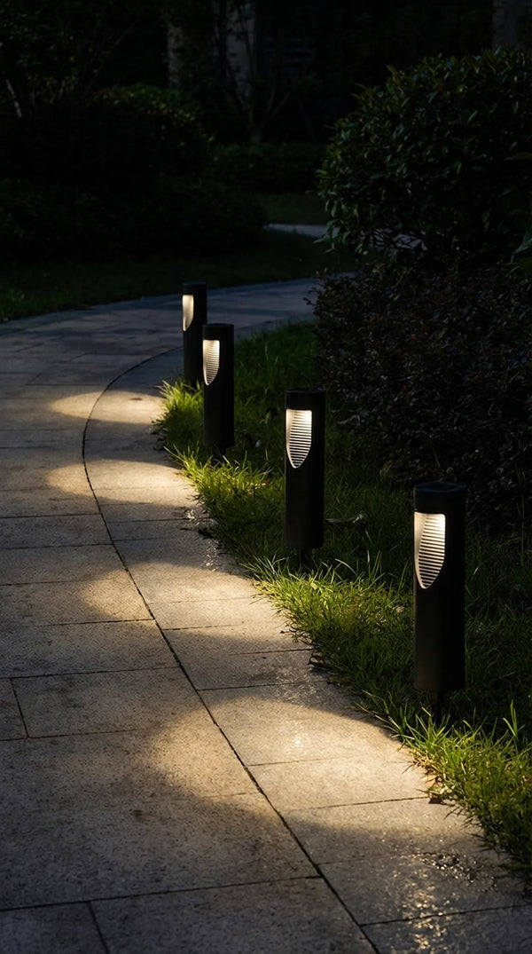 Pathway with decorative outdoor lights on a grassy area at night.