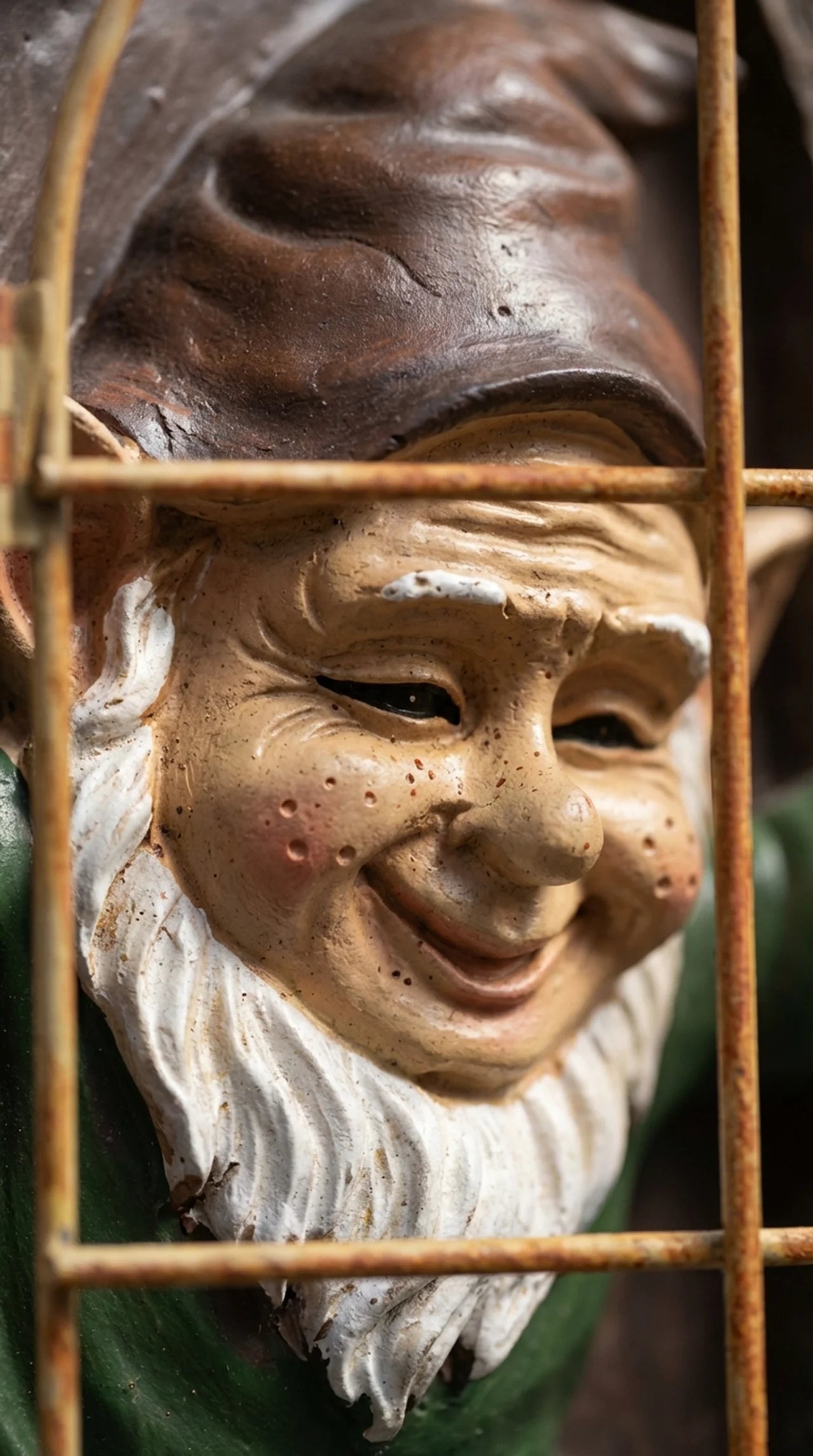 Close-up of a garden gnome face with a textured background