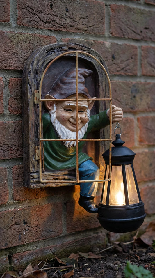 Hand-painted resin gnome wall ornament with solar lantern in arched barred window surround, 10.43 inches tall, white background