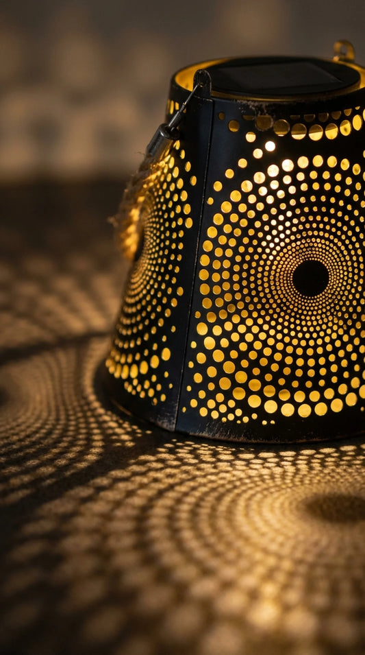 Close-up of cut floral filigree pattern on metal solar hanging lantern glowing warm at night