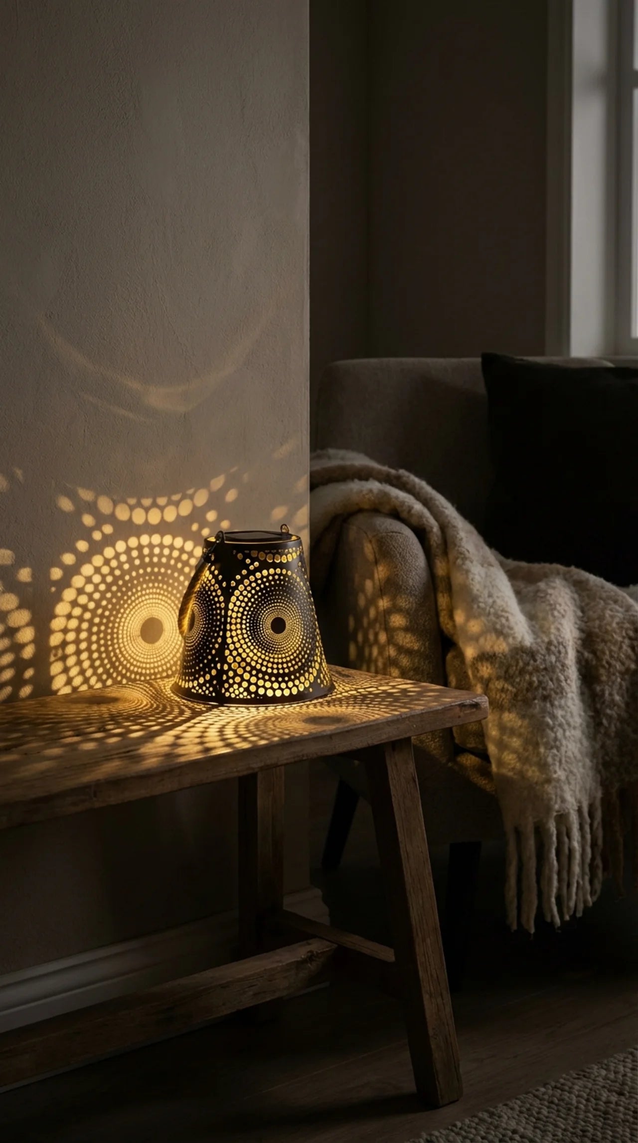 Decorative lamp casting a pattern on a wall in a dimly lit room.