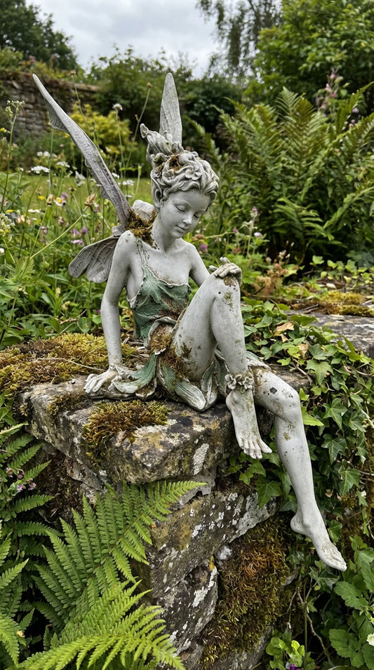 Seated fairy garden statue with legs overhanging wall edge, stone-effect grey finish, Enchanted Acre collection, garden setting