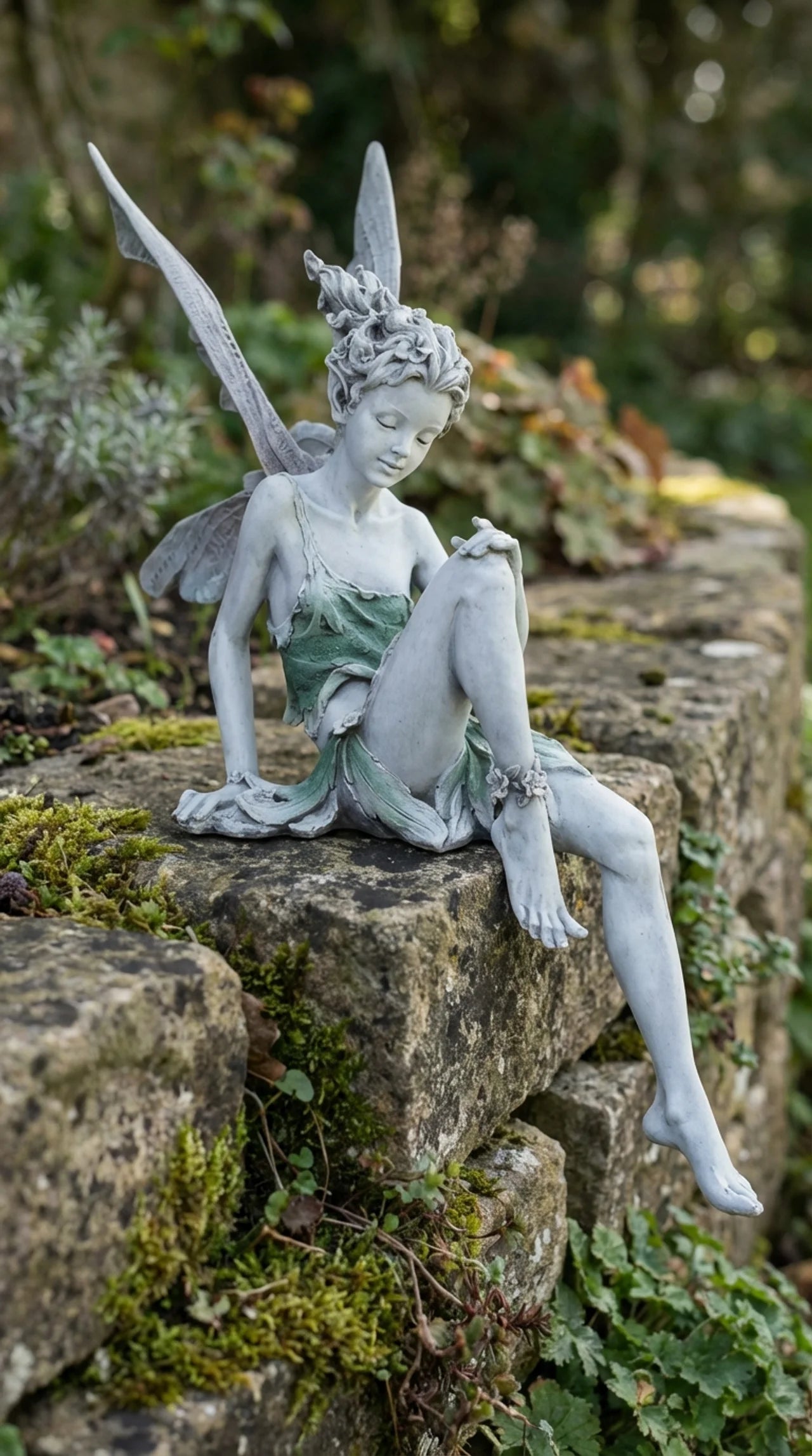 Statue of a fairy sitting on a stone in a garden setting