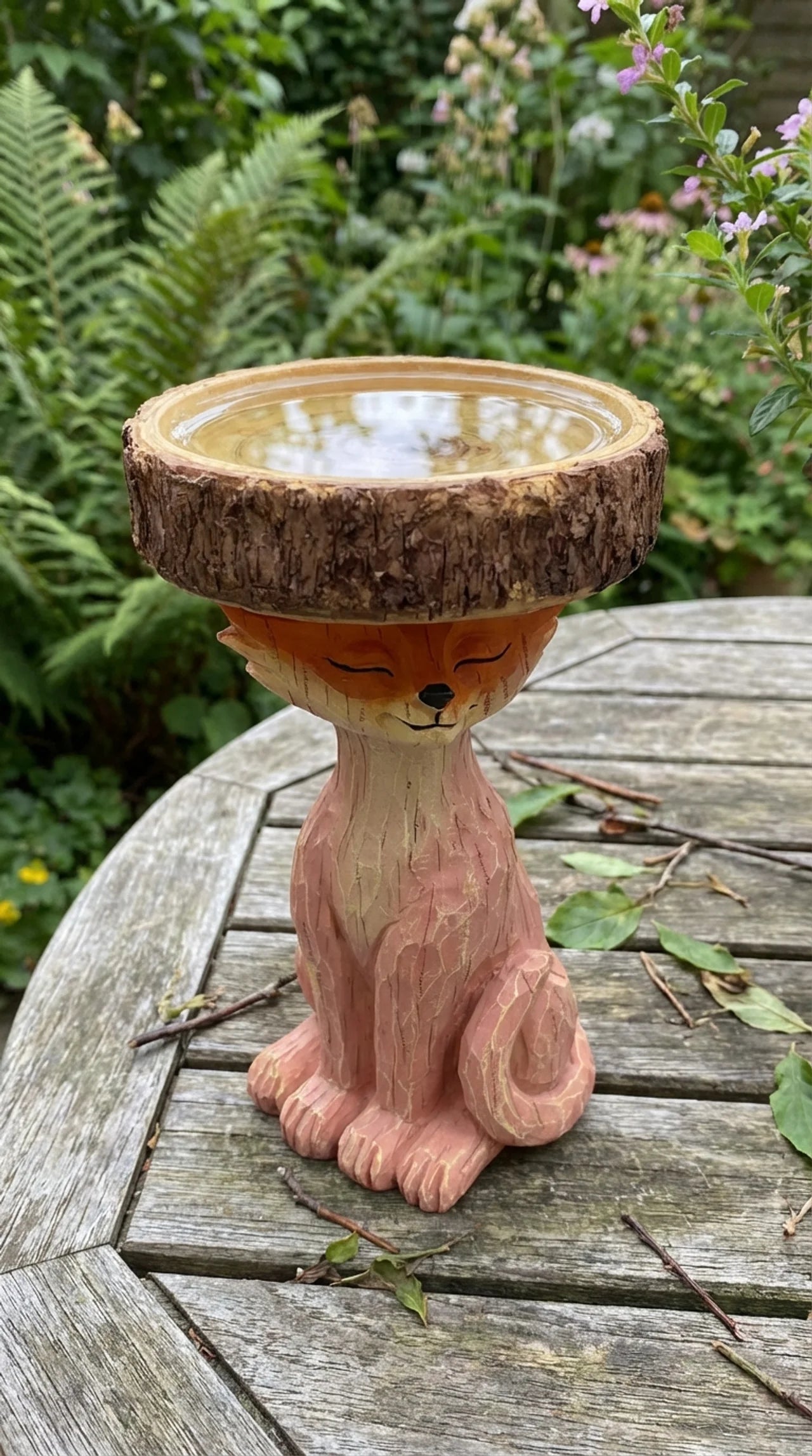 The Patient Fox - Fox Bird Bath Garden Statue
