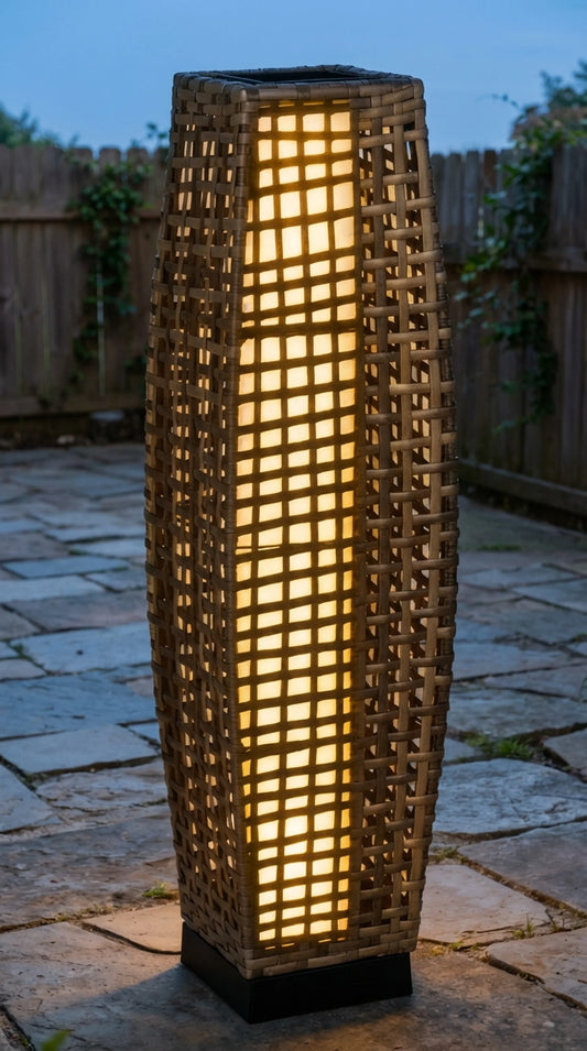 Tall gray rattan solar outdoor floor lamp glowing warm at dusk on stone patio
